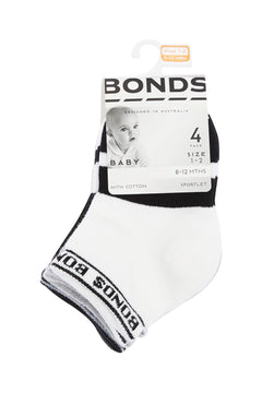 Bonds Baby Sportlet Arch Support Soft Breathable Comfiness Socks 4 Pack RXXL4N