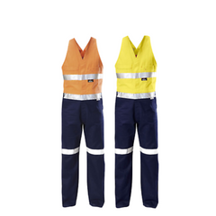 Mens Hard Yakka Hi-Vis 2 Tone Cotton Drill Action Overalls Work Taped Y01055